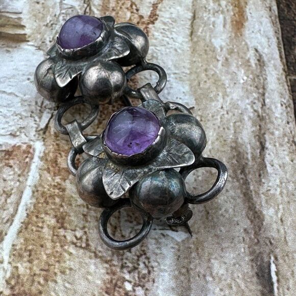 Unique Vintage Sterling Silver Flower Floral Links Amethyst Brooch Pin Mexico 2" - Picture 9 of 14